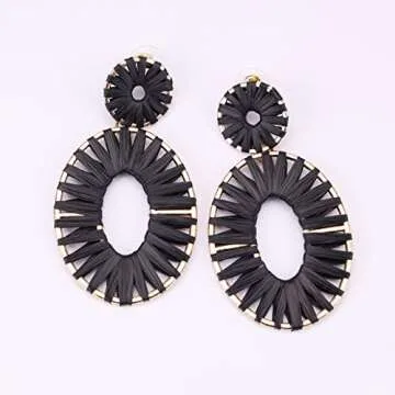 BaubleStar Raffia Tassel Fringe Rattan Hoop Drop Statement Earrings Black Tiered Thread Handmade Round Oval Cirle Dangle Fashion Jewelry for Women