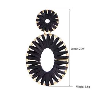 BaubleStar Raffia Tassel Fringe Rattan Hoop Drop Statement Earrings Black Tiered Thread Handmade Round Oval Cirle Dangle Fashion Jewelry for Women