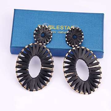BaubleStar Raffia Tassel Fringe Rattan Hoop Drop Statement Earrings Black Tiered Thread Handmade Round Oval Cirle Dangle Fashion Jewelry for Women