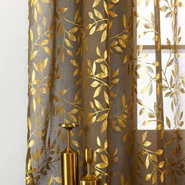 Deeprove Sheer Curtains for Elegant Home Decor Set, 84in, Gold Foil Design