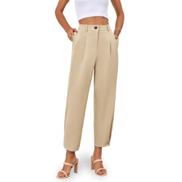 Cicy Bell Womens Casual Dress Pants High Waisted Button Work Office Pleated Trousers with Pockets Khaki