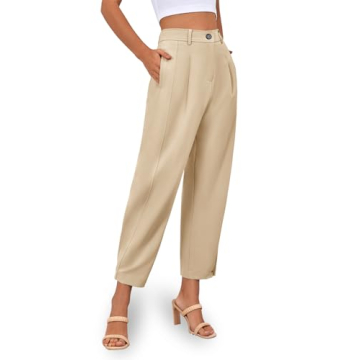 Cicy Bell Womens Casual Dress Pants High Waisted Button Work Office Pleated Trousers with Pockets Khaki