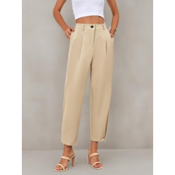 Cicy Bell Womens Casual Dress Pants High Waisted Button Work Office Pleated Trousers with Pockets Khaki