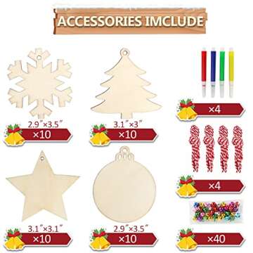 OurWarm 40pcs Wooden Christmas Ornaments Crafts for Kids, DIY Christmas Crafts Ornament Making Kit U...