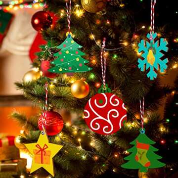 OurWarm 40pcs Wooden Christmas Ornaments Crafts for Kids, DIY Christmas Crafts Ornament Making Kit Unfinished Wood Slices with Holes, Hanging Christmas Centerpieces Decorations, 4 Styles