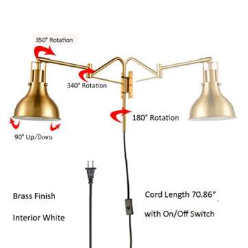 Swing Arm Wall Lamp Plug in Wall Sconce Industrial Bedside Reading Lighting with On/Off Switch Antique Brass