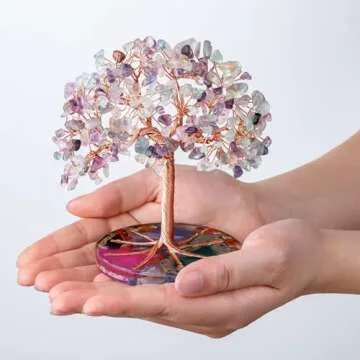 ZenBless 7 Chakra Healing Crystals Stones Tree, Green Fluorite Leaf Wire Wrapped on Natural Agate Slice Base, Home Office Desk Living Room Feng Shui Decoration for Wealth and Luck