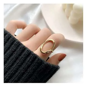 NORLSO 18K Gold Plated Open Circle Rings Oval Open Ring Irregular Hollow Rings Gold Silver Simple Geometric Ring Sterling Silver Adjustable Ring Fashion Jewelry for Women