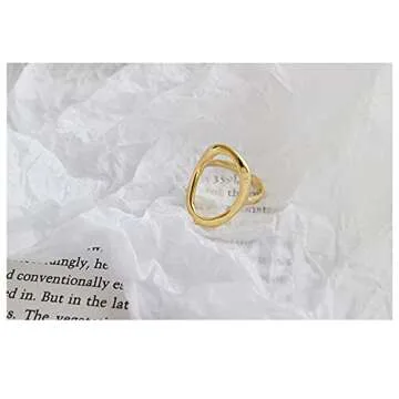 NORLSO 18K Gold Plated Open Circle Rings Oval Open Ring Irregular Hollow Rings Gold Silver Simple Geometric Ring Sterling Silver Adjustable Ring Fashion Jewelry for Women