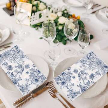 PerKoop 200 Pcs Blue White Floral Guest Paper Napkins Bulk Vintage Spring Blue White Flower Disposable Hand Towels for Wedding Bathroom Birthday Party Bridal Baby Shower Tableware Tea Party Supplies