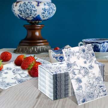 PerKoop 200 Pcs Blue White Floral Guest Paper Napkins Bulk Vintage Spring Blue White Flower Disposable Hand Towels for Wedding Bathroom Birthday Party Bridal Baby Shower Tableware Tea Party Supplies