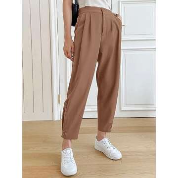 Cicy Bell Women Casual High Waisted Button Pencil Pants Work Office Straight Leg Dress Pants Fold Pleated Trousers Dark Khaki