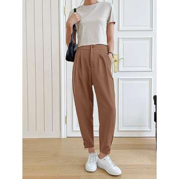 Cicy Bell Women Casual High Waisted Button Pencil Pants Work Office Straight Leg Dress Pants Fold Pleated Trousers Dark Khaki