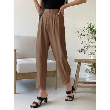 Cicy Bell Women Casual High Waisted Button Pencil Pants Work Office Straight Leg Dress Pants Fold Pleated Trousers Dark Khaki