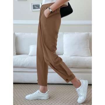 Cicy Bell Women Casual High Waisted Button Pencil Pants Work Office Straight Leg Dress Pants Fold Pleated Trousers Dark Khaki