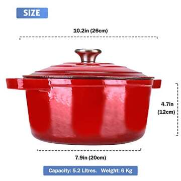 Puricon 5.5 Quart Enameled Cast Iron Dutch Oven with Lid, 5.5 QT Deep Round Dutch Oven Pot with Dual Handles -Red