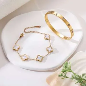 TICVRSS 18K Gold Plated Clover Bracelet Gold Love bangle Set for Women Stackable Cute Fashion Simple Friendship Bracelet Lucky Bracelets Jewelry Gifts Trendy for Women 7in