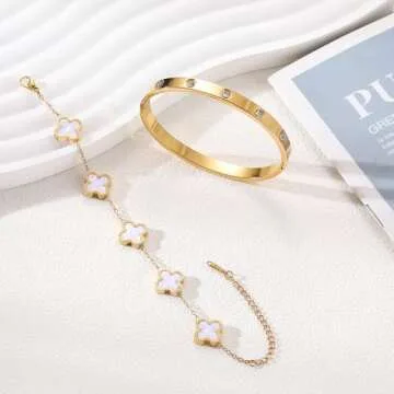 TICVRSS 18K Gold Plated Clover Bracelet Gold Love bangle Set for Women Stackable Cute Fashion Simple Friendship Bracelet Lucky Bracelets Jewelry Gifts Trendy for Women 7in