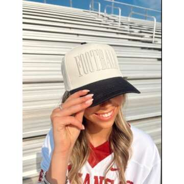 Football Vintage Trucker Hat | Neutral Black/White | College Game Day | Unisex Adjustable Snapback | Trendy Embroidery