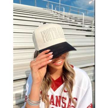 Football Vintage Trucker Hat | Neutral Black/White | College Game Day | Unisex Adjustable Snapback | Trendy Embroidery