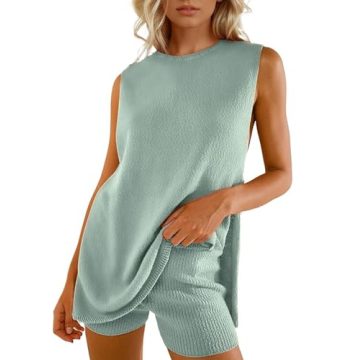 Wyeysyt Women's Summer Sweater Set Sleeveless Tunic Top and Shorts 2 Piece Outfits Beach Vacation Se...