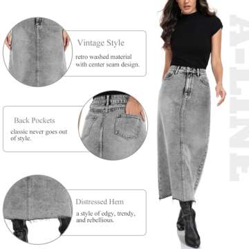 MISS MOLY Women's Long Mid Denim Skirts Stretch High Waist Frayed Raw Hem Split A line Flare Jean Sk...