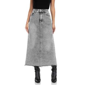 MISS MOLY Women's Long Mid Denim Skirts Stretch High Waist Frayed Raw Hem Split A line Flare Jean Skirt Maxi Dress Grey M