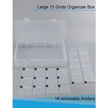 Hlotmeky Plastic Organizer Box with Dividers Bead Organizer 15 Large Grids Tackle Box Organizer Clear Snackle Box Container