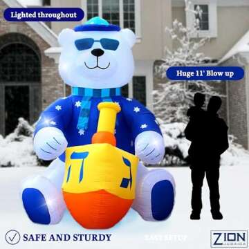 Jumbo 11' ft Hanukkah Inflatable Yard Decoration Lighted Chanukah Themed Bear Blowup Indoor and Outdoor Holiday Decorations LED Glowing with Air Blower, Tie-Down Stakes Chanukah Décor by Zion Judaica