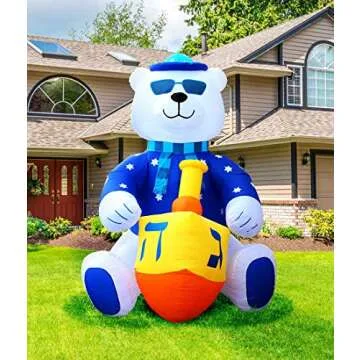 Jumbo 11' ft Hanukkah Inflatable Yard Decoration Lighted Chanukah Themed Bear Blowup Indoor and Outdoor Holiday Decorations LED Glowing with Air Blower, Tie-Down Stakes Chanukah Décor by Zion Judaica
