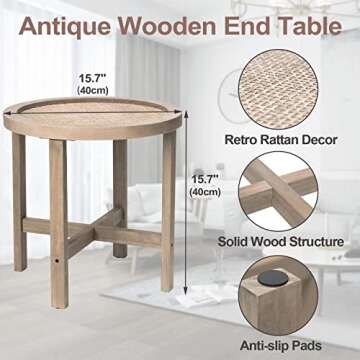 FairyHaus End Tables Living Room, Small Side Tables Living Room Bedroom for Small Spaces, Rattan Round End Table with Wood Legs 15.7in