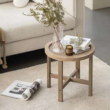 FairyHaus End Tables Living Room, Small Side Tables Living Room Bedroom for Small Spaces, Rattan Round End Table with Wood Legs 15.7in