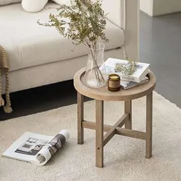 FairyHaus End Tables Living Room, Small Side Tables Living Room Bedroom for Small Spaces, Rattan Round End Table with Wood Legs 15.7in