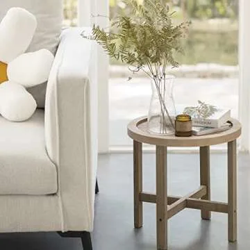 FairyHaus End Tables Living Room, Small Side Tables Living Room Bedroom for Small Spaces, Rattan Round End Table with Wood Legs 15.7in