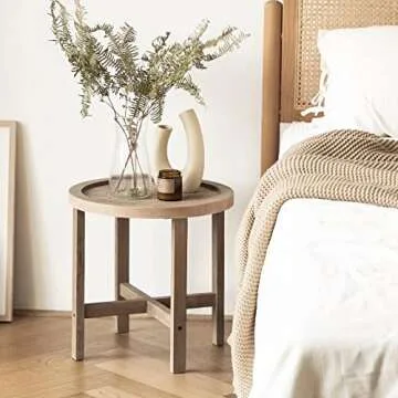 FairyHaus End Tables Living Room, Small Side Tables Living Room Bedroom for Small Spaces, Rattan Round End Table with Wood Legs 15.7in