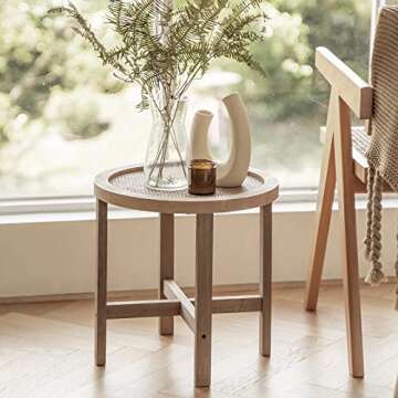 FairyHaus End Tables Living Room, Small Side Tables Living Room Bedroom for Small Spaces, Rattan Round End Table with Wood Legs 15.7in