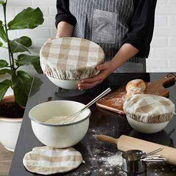 DII Reusable Cloth Bowl Cover Collection Machine Washable, Cotton with Elastic Stretch for Food Storage, 10.25"/8.25"/7.5" Diameter, Buffalo Check, Stone, 3 Piece