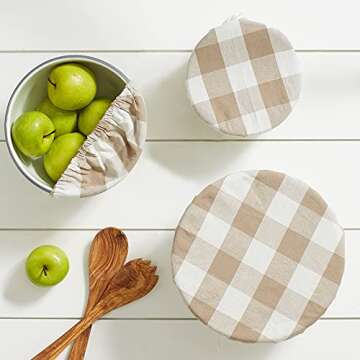 DII Reusable Cloth Bowl Cover Collection Machine Washable, Cotton with Elastic Stretch for Food Storage, 10.25"/8.25"/7.5" Diameter, Buffalo Check, Stone, 3 Piece