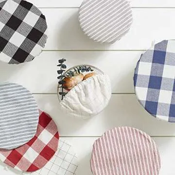 DII Reusable Cloth Bowl Cover Collection Machine Washable, Cotton with Elastic Stretch for Food Storage, 10.25"/8.25"/7.5" Diameter, Buffalo Check, Stone, 3 Piece