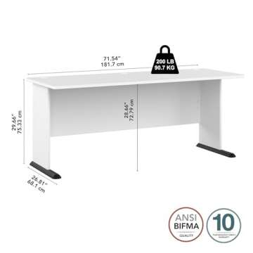 Bush Business Furniture Studio A 72W Computer Desk in White, 6 Foot Gaming and Work Table for Home or Professional Office