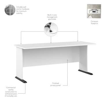 Bush Business Furniture Studio A 72W Computer Desk in White, 6 Foot Gaming and Work Table for Home or Professional Office
