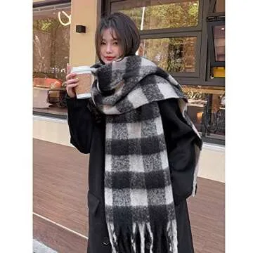 OUNIYA Large Chunky Plaid Scarf Checked Colorful Oversized Scarves Soft Big Cashmere Wool Thick Winter Warm Blanket Women (Black Plaid)