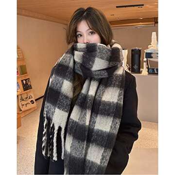 OUNIYA Large Chunky Plaid Scarf Checked Colorful Oversized Scarves Soft Big Cashmere Wool Thick Winter Warm Blanket Women (Black Plaid)