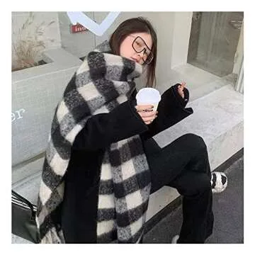 OUNIYA Large Chunky Plaid Scarf Checked Colorful Oversized Scarves Soft Big Cashmere Wool Thick Winter Warm Blanket Women (Black Plaid)