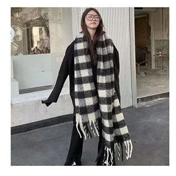 OUNIYA Large Chunky Plaid Scarf Checked Colorful Oversized Scarves Soft Big Cashmere Wool Thick Winter Warm Blanket Women (Black Plaid)