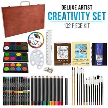 102-Piece Deluxe Wooden Art Supply Set - 24 Watercolors, 17 Brushes, 24 Colored Pencils, Sketch Pads