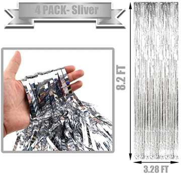 4 Pack Silver Foil Fringe Curtain Backdrop, 3.28Ft x 8.2Ft Metallic Tinsel Foil Fringe Streamer Curt...