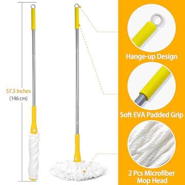 Self Wringing Mop with 2 Washable Heads, JEHONN Wet Mop for Floor Cleaning Heavy Duty, Upgraded 57.5 inches Long Handle Twist Mop for Hardwood Vinyl Tile Marble Laminate Home Office Kitchen (Yellow)