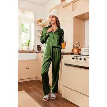 Ekouaer Women's Classic Button Down Long Satin Silk Pajama Set