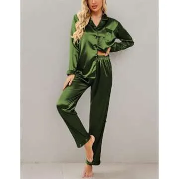 Ekouaer Women's Classic Button Down Long Satin Silk Pajama Set